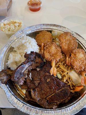 Kalbi beef, shrimp, rice/noodles, and Mac-tato