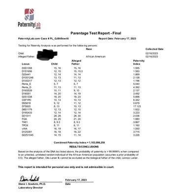 DNA Swab Test Results - Names hidden for safety if Biological father & Child.