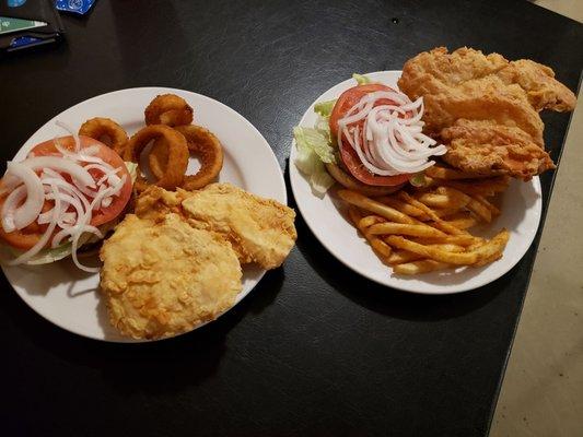 Chicken fried chicken sandwich and pork tenderloin sandwich