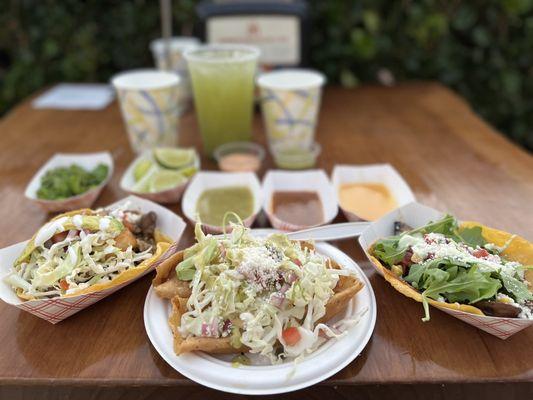 Surf & Turf, Papa con Rajas & Portobello Tacos with various salsas, limes and cilantro