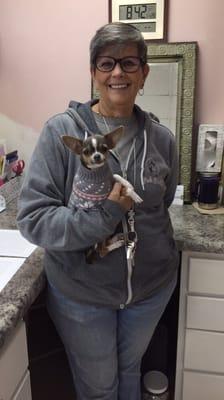 Donna (receptionist) & her matching puppy Darby.