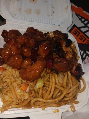 COMBO plate with Szechuan chicken,Teriyaki,fried rice and chicken chowmein