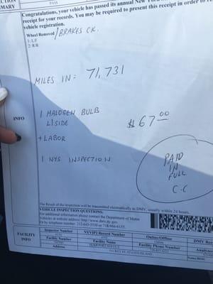 Wrong mileage on the New York State form. Wheels were not removed.