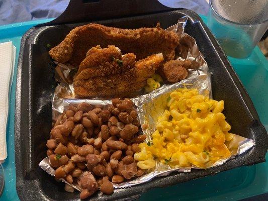 Catfish Dinner (Fried) with Mac N Cheese And Pinto Beans