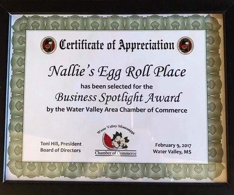 Business Spotlight Award by the Water Valley Area Chamber of Commerce