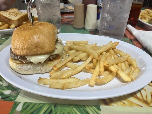 Mushroom Swiss burger & fries