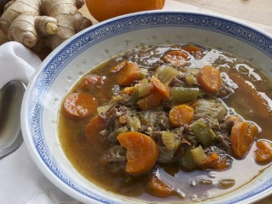 Ginger-Orange Beef Soup with Mung Bean Threads.