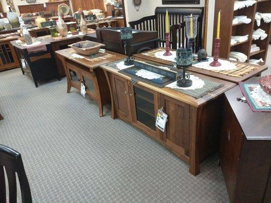 Many TV stands to choose from. Pick your wood and stain. Different standard sizes and custom pieces!