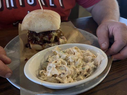 French onion burger and slaw