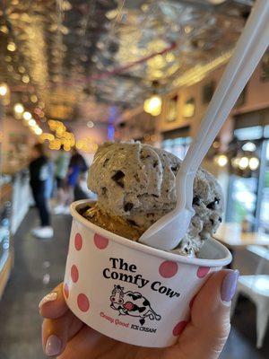 Minty Chocolate Chippy Ice Cream with Coffee Cookie Crunch Ice Cream (VEGAN) at the bottom