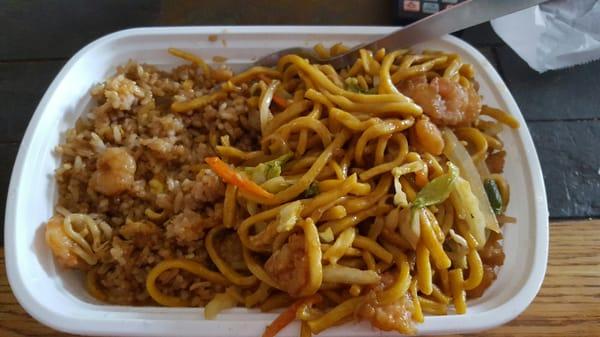 Shrimp Low Mein with friend rice and one egg roll.