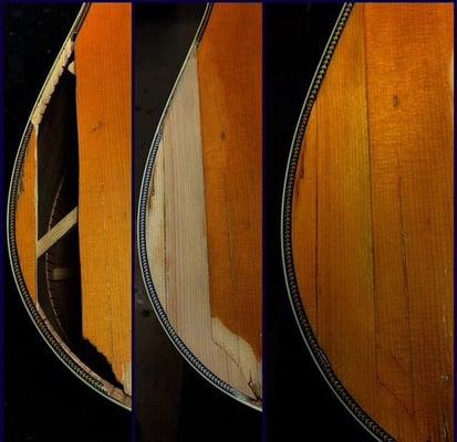 Before and after of my husband's destroyed Martin guitar. Bryant at Charley's took great care of us.