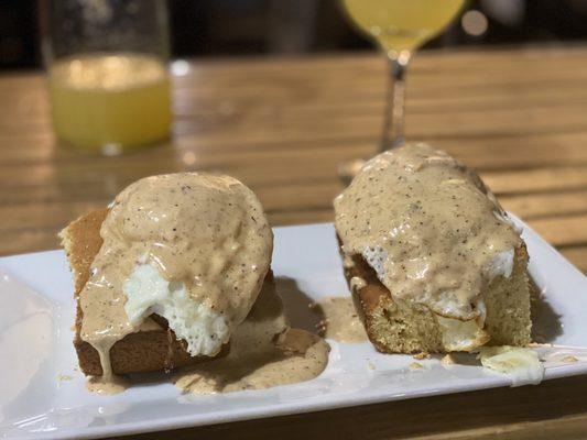 Crazy Cajun Benedict (Andouille cornbread topped with boudin and an over easy egg, covered in Cajun Hollandaise.)