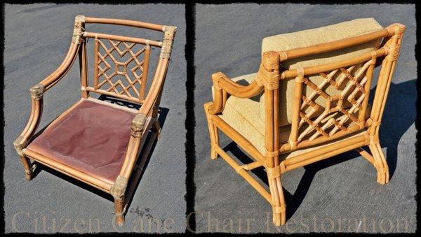 2) Wicker and iron. Converted from plastic round reed to authentic rattan round reed. We sandblasted and powder coated the frames as well.