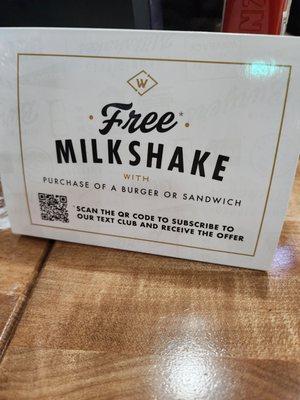 Free shake with burger or sandwich