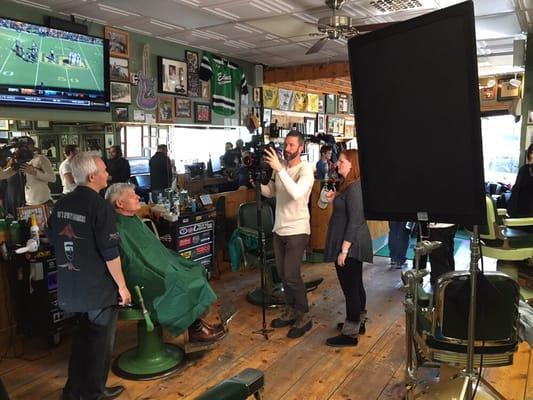 2016 Super Bowl pre game show with Joe Namath filmed here at Dicks Sports Barbers.