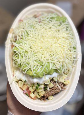 Burrito Bowl: Barbacoa with Fajitas, Guac, Cheese, Sour Cream, Extra Pico de Gallo & Corn! Delicious!!