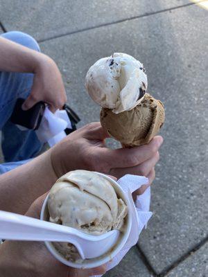 Kiddie scoop of praline pecan and double scoop of coconut chip and Java chip on sugar cone