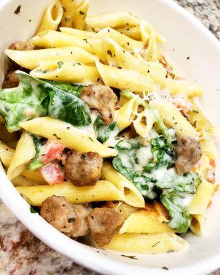 Italian sausage carbonara penne pasta  IG@eatanddrinkhouston