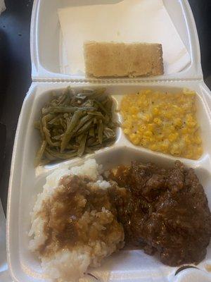 Meatloaf w/brown gravy, cream corn, string beans, cornbread