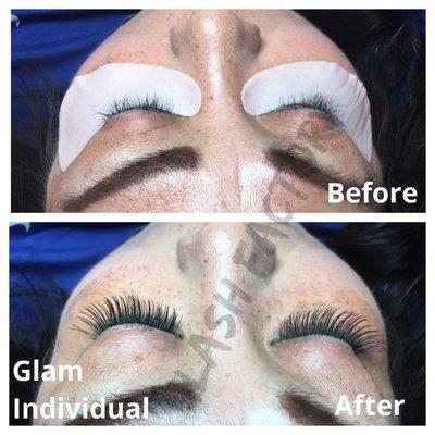 Glam Individual - Filled to 60 individual extensions per eye, Cat eye shape, 3 coat of mascara thickness of the individual extensions