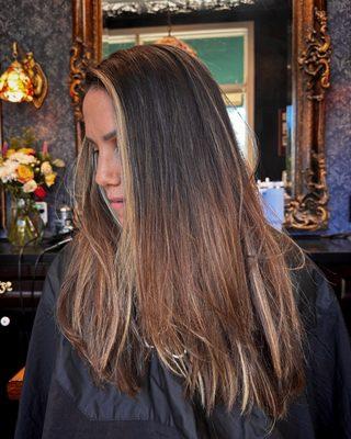 Before Corrective color and Via hair cut with blowout layers by master hairstylist Lauren  Slays Hair.