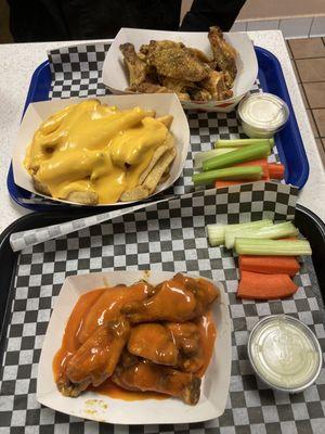 Lemon Pepper Wings w/ranch, Cheese Fries & Original Spicy Wings w/blue cheese