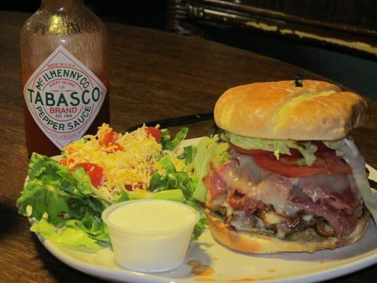 Pastrami Burger, $7.75, comes with your choice of side, tabasco optional ;)