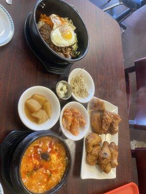 Beef Bulgogi rice bowl, soondubu soup, garlic soy & spicy teriyaki wings