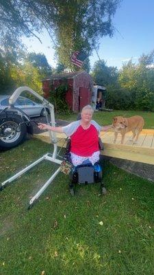 Karen with her new Hoyer lift that we donated from a previous junk removal job! Karen is a double amputee.