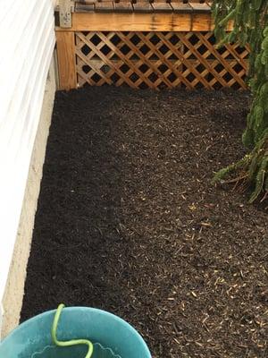 In this photo you can see the difference between where my soffit covered part of the mulch..mind you, this is same day as delivery