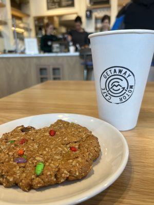 Gluten free monster cookie and an oat milk latte