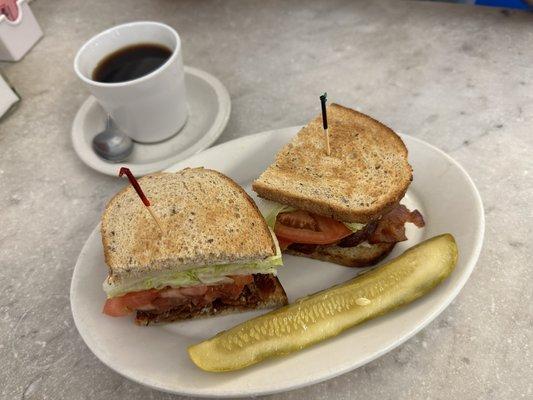 Coffee, BLT, and pickle spear