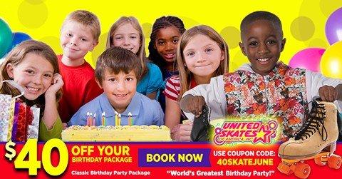 Book your child's birthday party at United Skates and get $40 OFF Use Coupon Code: "40skatejune" expires 7/31/18