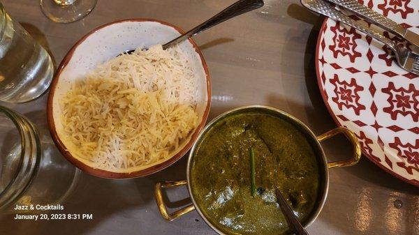 Saag peshkesh and rice.