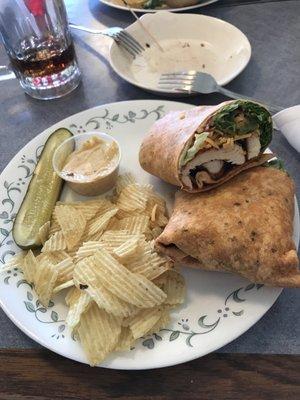 Cajun chicken wrap with chips and extra mayo for dipping!