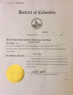 Apostille can be issued same day via Washington DC Secretary of State.