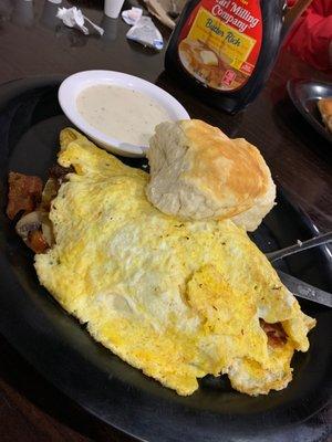 Everything omelette with biscuits and gravy