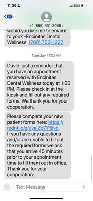 Text messages confirming an appointment with Encinitas Dental Wellness