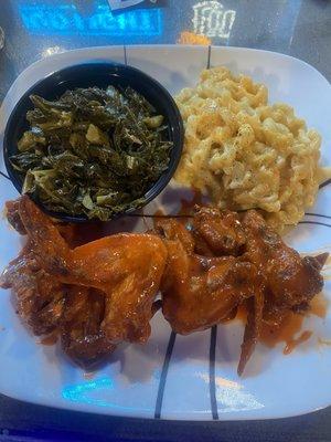 Wings, greens, Mac n cheese