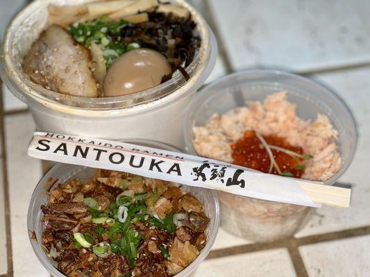 Spicy Miso Ramen, Sake Ikura rice bowl & Char Siu Rice bowl