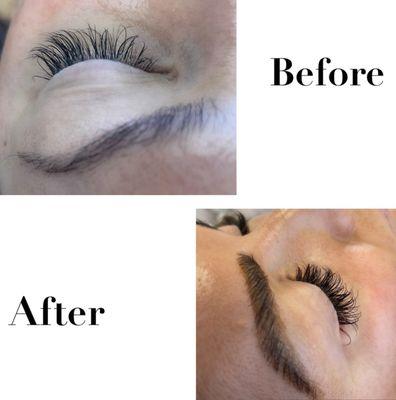 Before and after hybrid lash extension fill