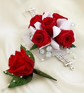 5 smallerrose corsage & boutonniere to match.This is priced for you to order both pieces together only. $$ 69.99  Gem bracelet is extra. #C2