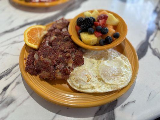 Corned Beef Hash with fresh fruit - delicious!