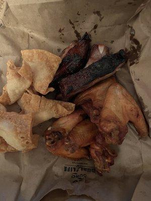 Chinatown platter: spareribs on the bone, crab rangoon, chicken wings