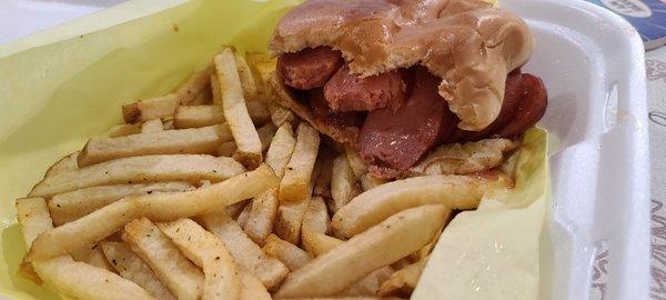 Sausage sandwich and fries