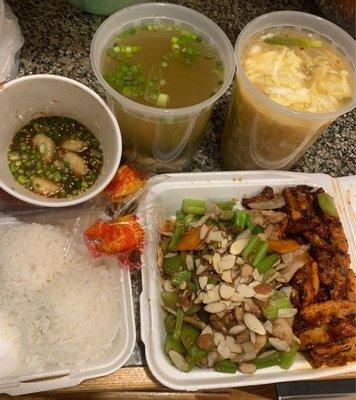 Butter garlic shrimp (top left), almond chicken and spicy chicken teriyaki combo, Miso Soup (top middle) and hot and sour soup (top right).