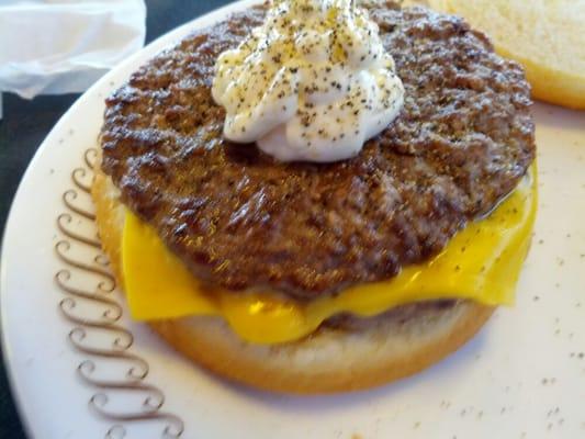 The ersatz, BS, "double" cheeseburger. It's a double burger, but only single cheese.