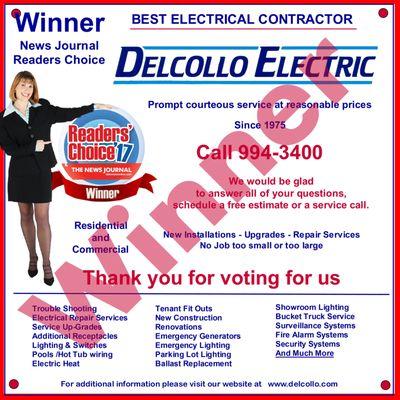 Thank you for voting for us in the News Journals Readers Choice and making us the winner for the Best Electrician