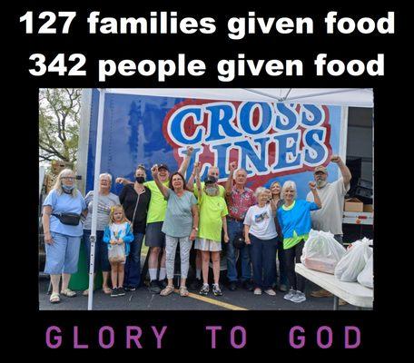 We give out free Crosslines food to 100 families and about 250 people on the first Friday, March through October.